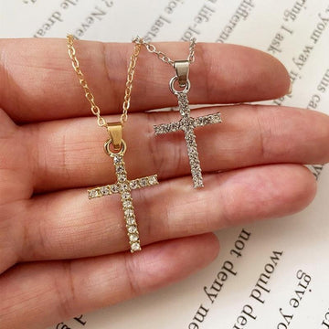 New Zirconia Crystals Christian Cross Necklace Golden Silver Colour Female Pendant Necklace - Religious Jewellery - The Jewellery Supermarket